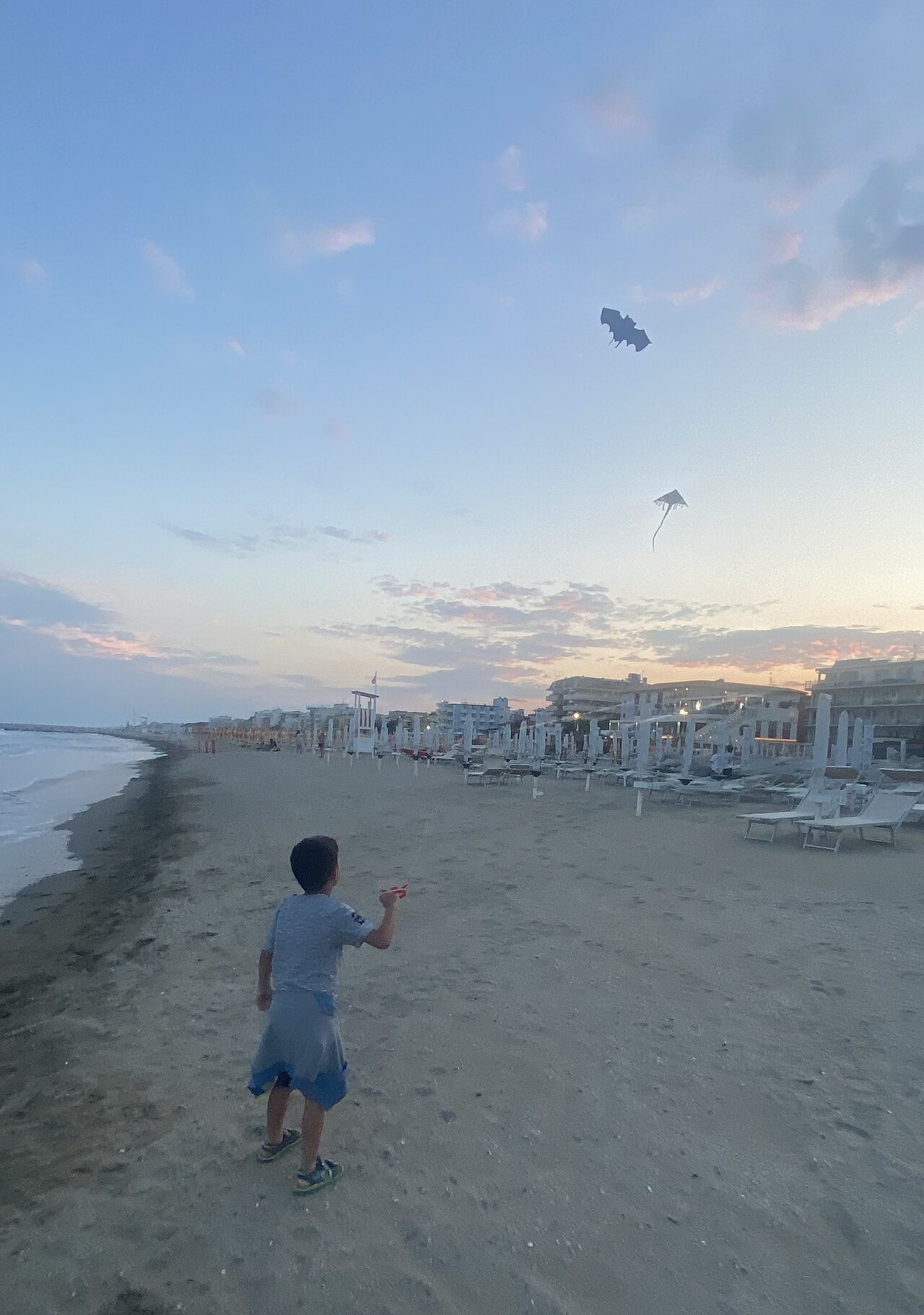 Niño volando una cometa en la playa al atardecer